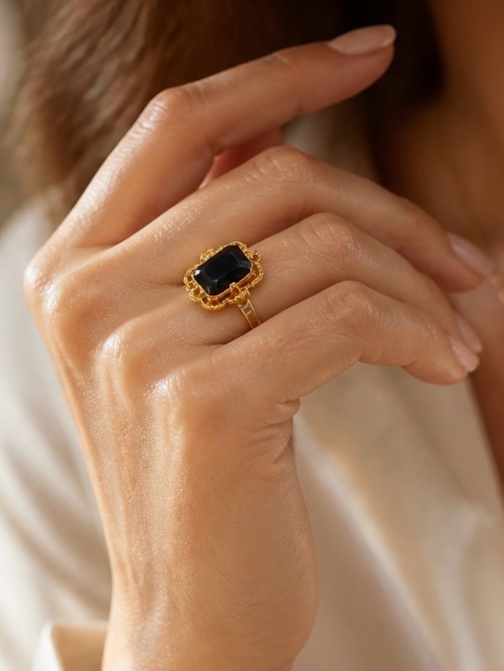 Gold Ring with Black Rectangular Stone